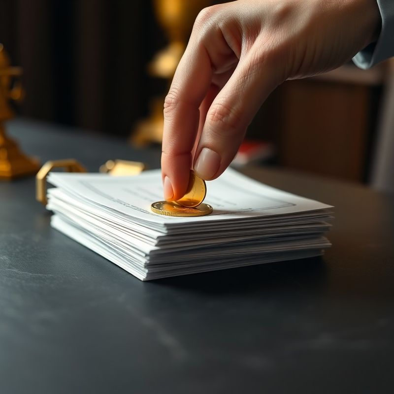 Gold coin placed on stacked documents on a dark slate desk