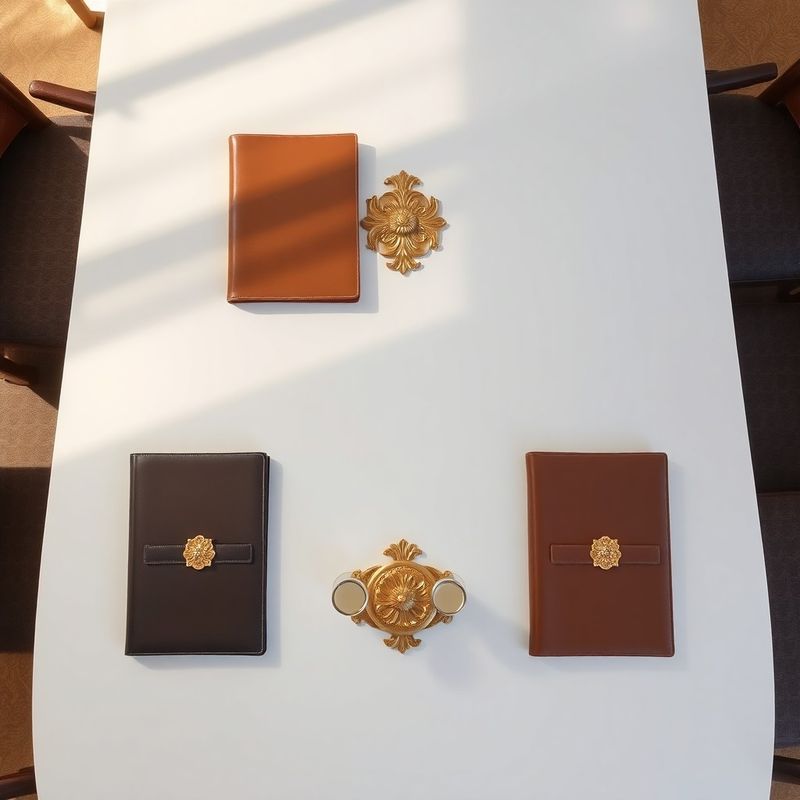 Flat-lay of four leather-bound dossiers on a Bratislava meeting room table