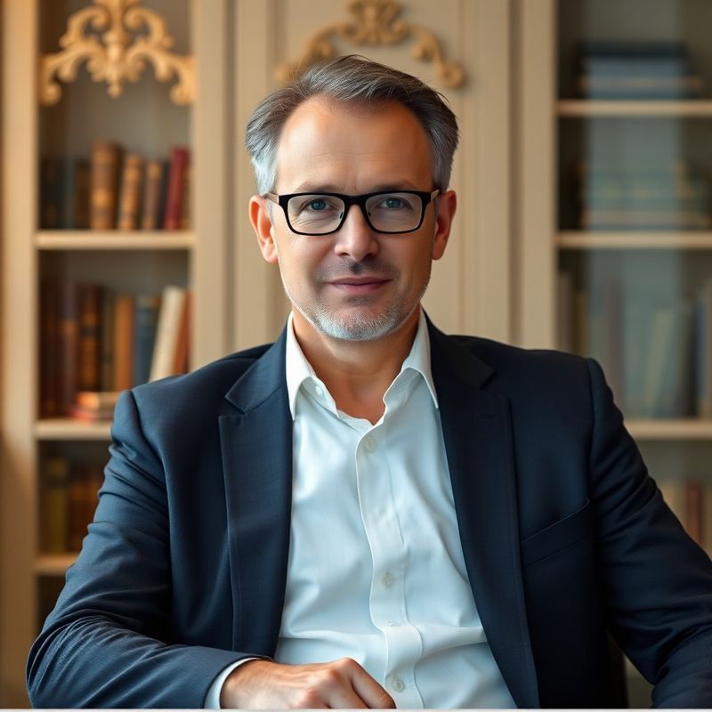 Senior advisor seated at a minimal Bratislava office desk in warm gold light