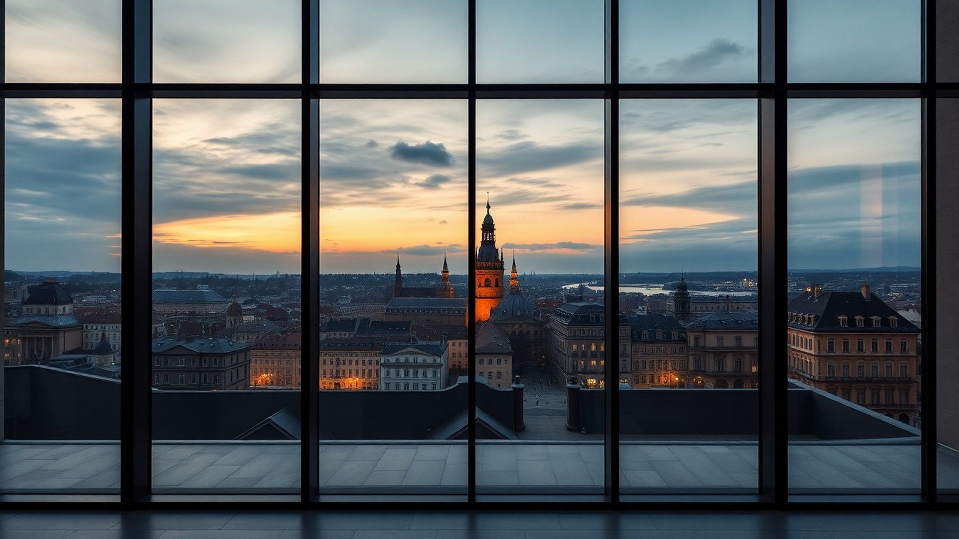 Bratislava old town skyline at dusk seen through floor-to-ceiling glass